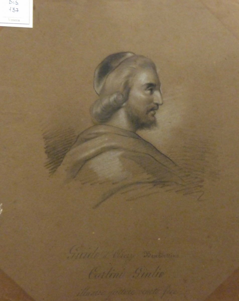 535 Giulio Carlini Ritratto di Guido d'Arezzo teorico carboncino su carta marrone cm 28 x 22 (dis 137)